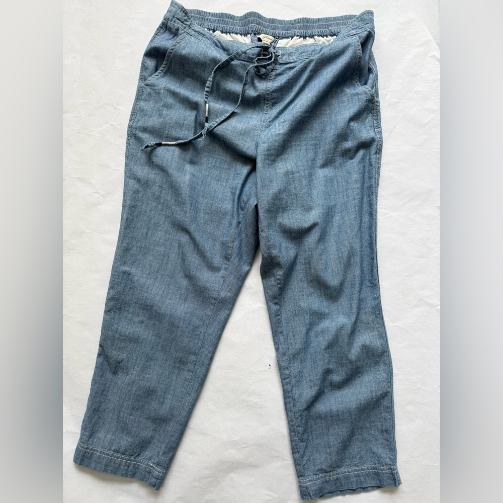 J Crew Tie-waist seaside pant chambray cotton drawstring straight wide Large New